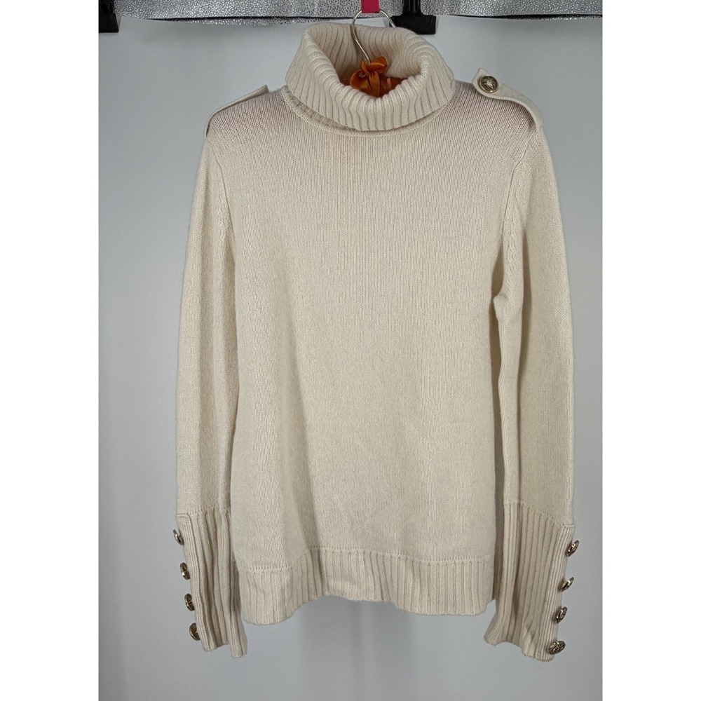 C by Bloomingdale's Cashmere Sweater Women's M Ivory Turtleneck Button Detail
